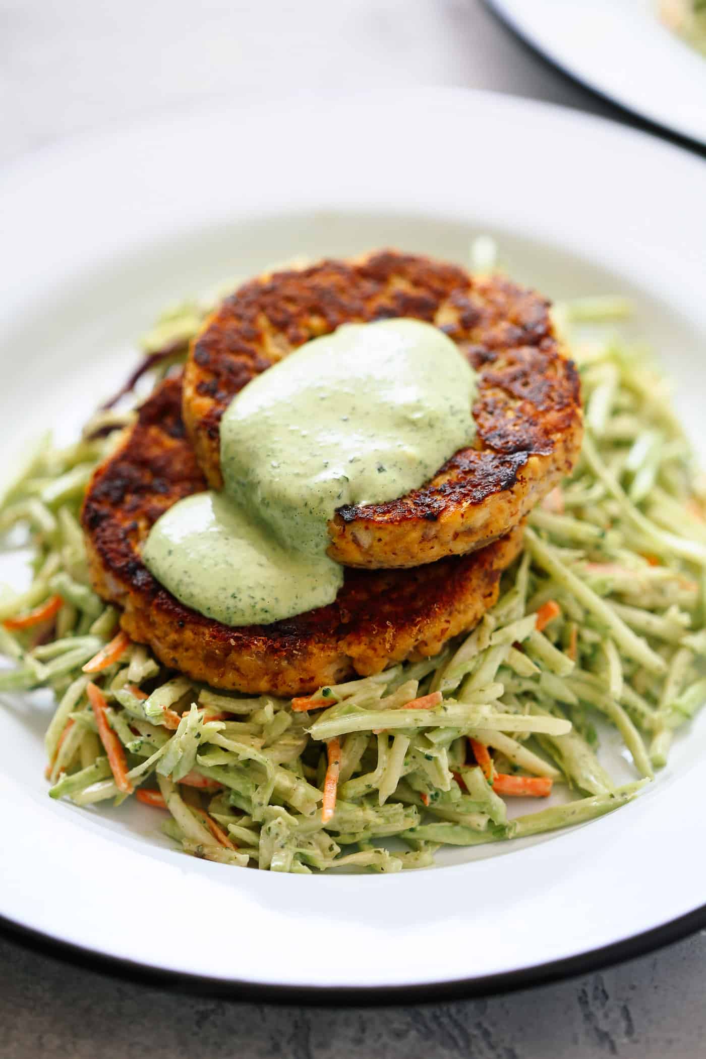 Keto Salmon Burgers with Avocado Coleslaw