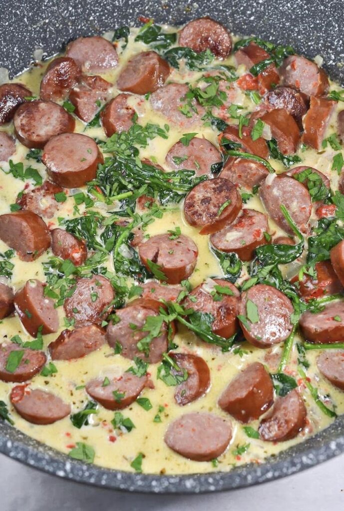 CREAMY KETO TUSCAN SAUSAGE SKILLET