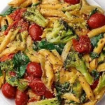 CHEESY PENNE WITH CHERRY TOMATOES, SPINACH AND BROCCOLI