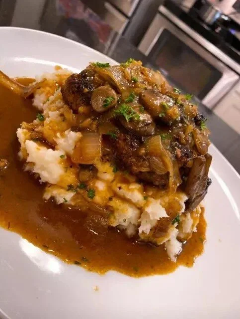 Salisbury Steak with Garlic Mashed Potatoes and Mushroom & Onion Gravy