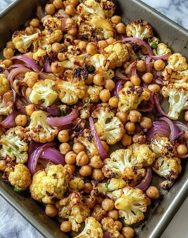 Roasted Cauliflower & Chickpeas with Red Onion
