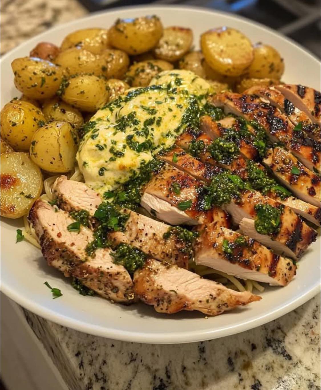 Air-Fryer Greek Chicken Alfredo with Spicy Garlic Potatoes
